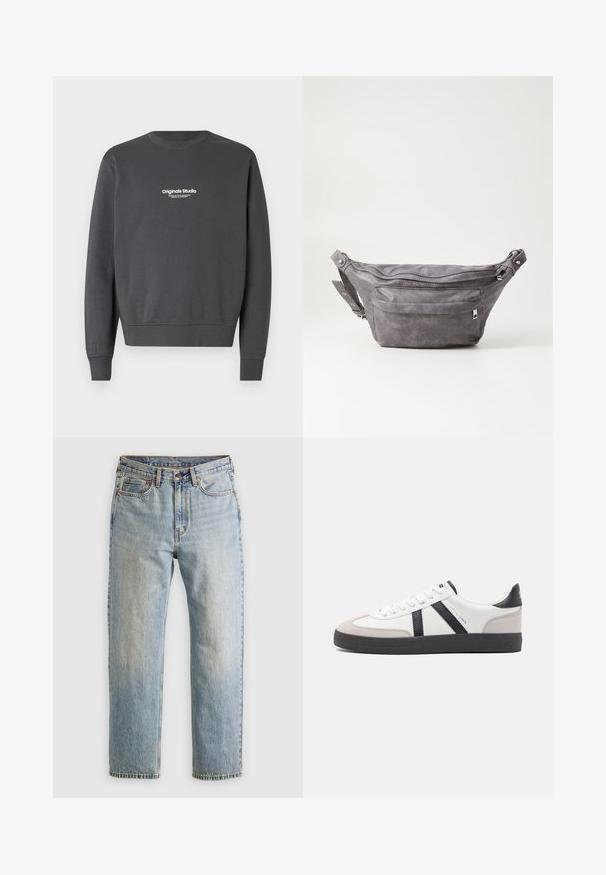 Tamno siva dukserica s dugim rukavima, okruglim izrezom i rebrastim manžetama. Sadrži mali bijeli logo tekst na području prsiju.; Svijetloplave traperice visoki struk, prednji gumb, zatvarač i dizajn s pet džepova, položene ravno na neutralnoj pozadini.; Bijele tenisice s crnim i sivim detaljima, s teksturiranim sivim zaštitnikom prstiju, crnim gumene potplate i ravnim bijelim vezicama. Čist dizajn, minimalistički stil.; Siva zamšasta torbica preko struka sa zaobljenim oblikom, dva zip zatvorena odjeljka i podesivim remenom. Sadrži metalne naglaske.