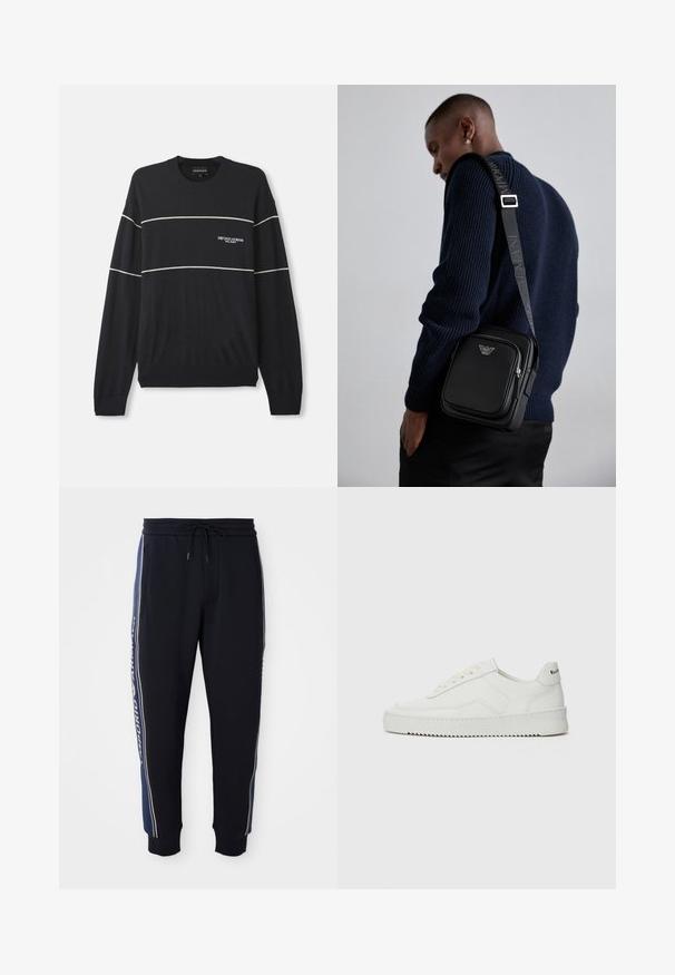 Marineblå strikkegenser med lange ermer, med hvite horisontale striper og en logo på venstre bryst. Ribbestrikkede ermer og nederkant.; Sorte joggebukser med blå sidestiper, elastisk liv med snor, sidelommer og ribbestrikkede ankelmansjetter.; Hvite lærersneakers med en jevn overflate, rund tå, flate lisser og en teksturert såle. Har en subtil logo på hælen.; Svart lær crossbody-veske med en glidelåslomme, logo-detalj og justerbar rem med merke. Båret mot en teksturert marineblå genser.