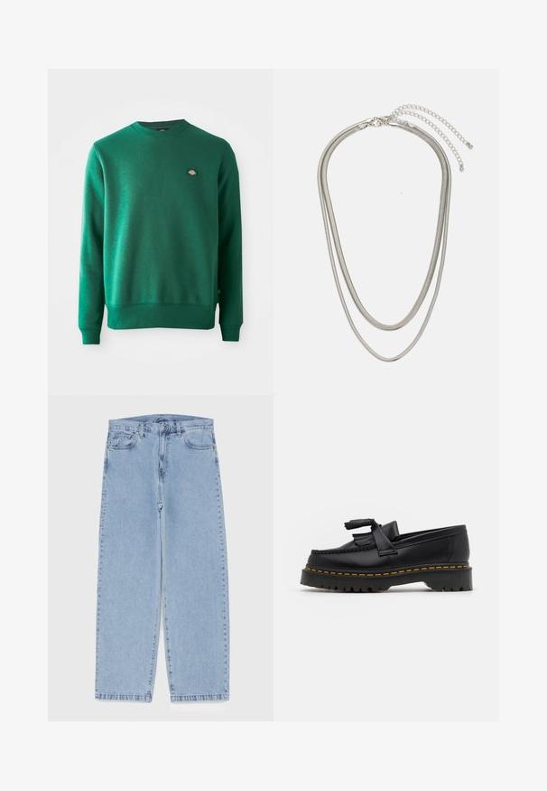 Grønn sweatshirt i bomullsblandet stoff. Har ribbestrikket rund halslinning, lange ermer og en liten logo-patch på brystet.; Lyseblå denimjeans med rett ben-design, med mid-rise liv, fem lommer og knap og lynlås lukning.; Svart skinn loafers med en kvastdetalj, med en tjock svart sula och gul sömnad längs kanten. Texturerad yta.; Tre-lags sølvmetallkjede med elegante, fleksible kjeder med en svak glans, sikret med en krabbe-lås og justerbar kjede.