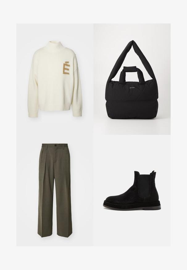 Études TURTLE NECK - Jumper - off white; Filippa K WIDE TROUSERS - Trousers - driftwood; Black suede Chelsea boots with elastic side panels, round toe, and a flat sole. Textured detail along the side adds visual interest.; Black padded bag with a wide, soft shoulder strap and top handle. Features a zip closure and a subtle logo on the front.