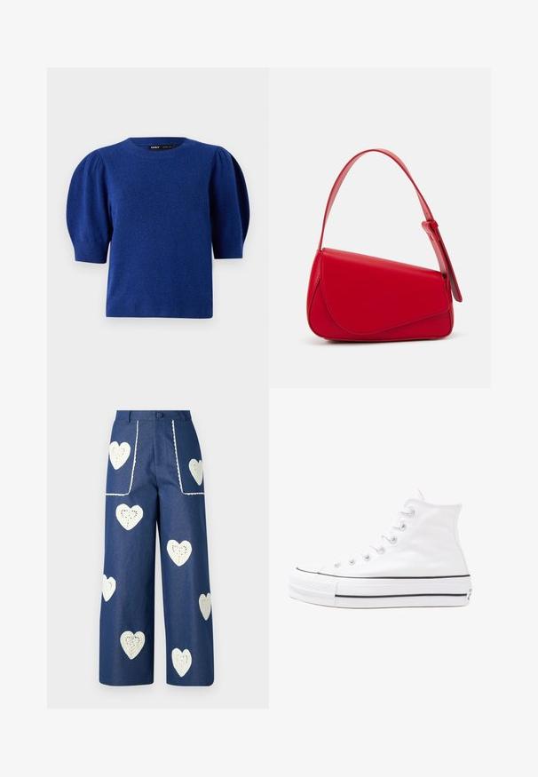 Blue knitted sweater with short puff sleeves and a round neckline. Features a soft texture and ribbed hem and cuffs.; Sister Jane HEART TO HEART - Straight leg jeans - blue denim; White high-top canvas sneaker with black rubber sole, front rubber toe cap, and six eyelets for laces, featuring a clean, minimalist design.; Red leather handbag with an angular, geometric design. Features a single adjustable strap and a flap closure with stitched detailing.