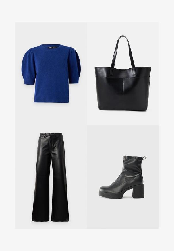 Sininen neulepusero, jossa on lyhyet puffihihat ja pyöreä pääntie. Materiaali on pehmeä ja helmassa ja hihoissa on ribbikuvio.; Mustat korkeat leveät keinonahkahousut, joissa on etupainike, vetoketjukiinnitys, vyölenkit ja sivutaskut valkoista taustaa vasten.; Mustat nilkkurit, jotka on valmistettu sileästä nahasta. Niissä on sivuvetoketju, paksu teksturoitu korko ja pyöristetty kärki.; Musta nahkainen kassi, jossa on kaksi pitkää kahvaa, sileä pinta ja jämäkkä muoto. Sisältää etutaskun lisävarastointia varten.