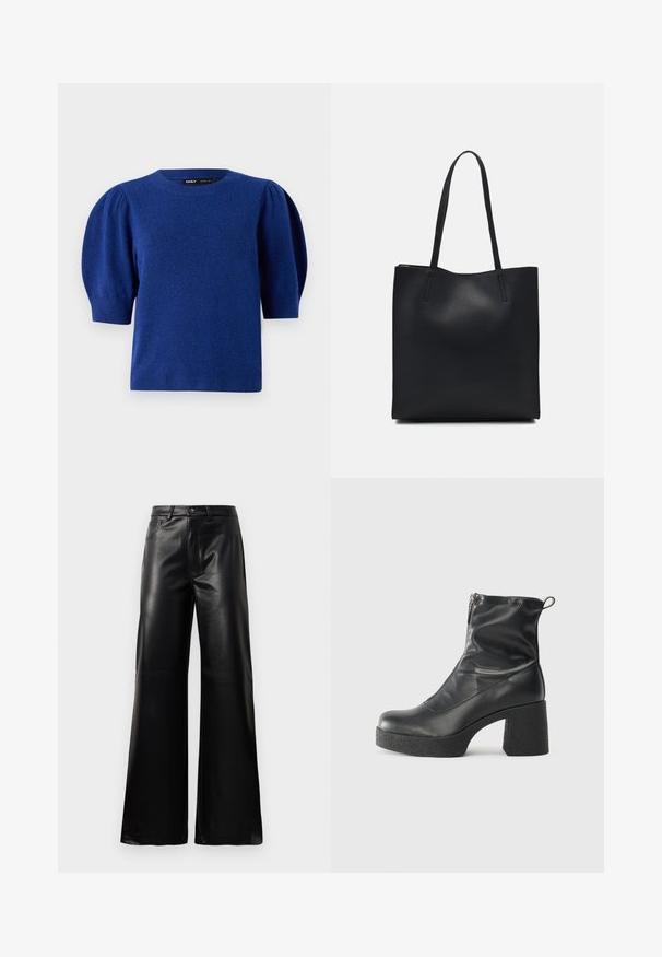 Zils adīts džemperis ar īsām pūkām piedurknēm un apaļu kakla izgriezumu. Raksturīga mīksta tekstūra un ribota apakšmalas un piedurkņu apmale.; Melnas augstās jostas platajās kājās sintētiskās ādas bikses ar priekšējo pogu, rāvējslēdzēju, jostas cilpām un sānu kabatām uz baltā fona.; Melni potītes zābaki, kas izgatavoti no gludas ādas, ar sānu rāvējslēdzēju, masīvu strukturētu papēdi un noapaļotu purngalu.; Melnas ādas somiņa ar gludu tekstūru, taisnstūra formu un divām garām rokturiem. Nav redzamu aparatūras vai rotājumu.