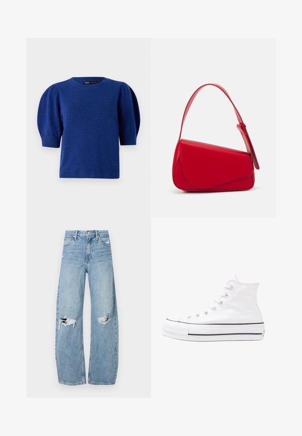 Blue knitted sweater with short puff sleeves and a round neckline. Features a soft texture and ribbed hem and cuffs.; Light blue, high-waisted jeans made of denim. Feature wide legs, two torn knee areas, and classic five-pocket styling.; White high-top canvas sneaker with black rubber sole, front rubber toe cap, and six eyelets for laces, featuring a clean, minimalist design.; Red leather handbag with an angular, geometric design. Features a single adjustable strap and a flap closure with stitched detailing.