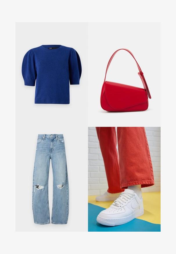 Blauer gestrickter Pullover mit kurzen Puffärmeln und rundem Ausschnitt. Hat eine weiche Textur sowie einen gerippten Saum und Bündchen.; Helles, hochtailliertes Jeans aus Denim. Hat weit geschnittene Beine, zwei aufgerissene Kniebereiche und klassischen Fünf-Taschen-Stil.; Weiße Leder-Sneaker mit perforiertem Zehenbereich, strukturiertem Sohlen und weißen Schnürsenkeln, kombiniert mit weiten roten Hosen und einem blauen und gelben Hintergrund.; Rote Lederhandtasche mit einem kantigen, geometrischen Design. Verfügt über einen verstellbaren Schulterriemen und einen Klappenverschluss mit genähten Details.