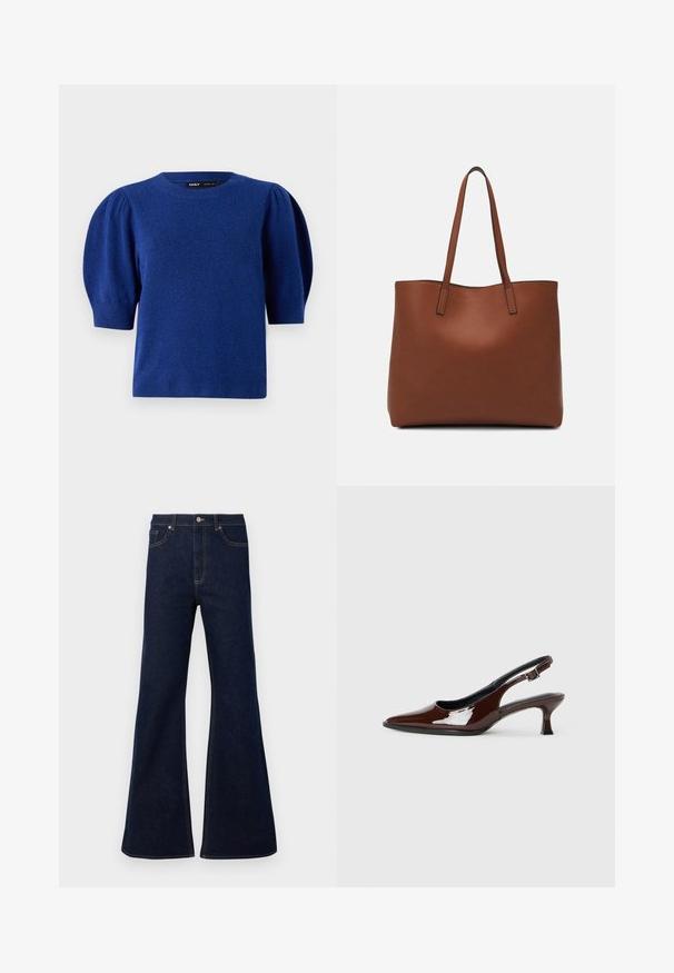 Mėlynasis megztinis su trumpomis pūstomis rankovėmis ir apvaliu kaklu. Turi minkštą tekstūrą bei išraižytus kraštus ir rankogalius.; Tamsiai mėlynos platėjančios džinsinės kelnės su aukštu liemeniu, priekiniu kišenėmis ir auksinėmis siūlėmis. Lygus paviršius su tradiciniu kirpimu.; Rudos lakuoti odiniai slingback batai su smailiu pirštu ir vidutinio aukščio kulnu. Yra sagties dirželis, užtikrinantis tvirtą prigludimą. Lygus paviršius.; Ruda odinė priekabų krepšys su glotnia tekstūra, atviru viršumi ir dviem petnešomis. Su minimalia siuvimo detalėmis ir nematoma aparatūra.