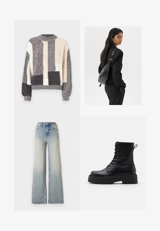 Pull en patchwork gris et crème avec différentes textures en tricot à câble, col rond et bords côtes au niveau des manches et de l'ourlet.; Jeans large en denim bleu clair, à taille haute, avec cinq poches et couture visible le long des coutures.; Bottines en cuir noir avec un bout rond, un laçage à l'avant et une épaisse semelle en caoutchouc dotée d'un motif texturé. Tirer au dos.; Femme avec de longs cheveux foncés portant un costume noir, portant un sac à épaule en cuir noir, regardant par-dessus son épaule contre un fond blanc.