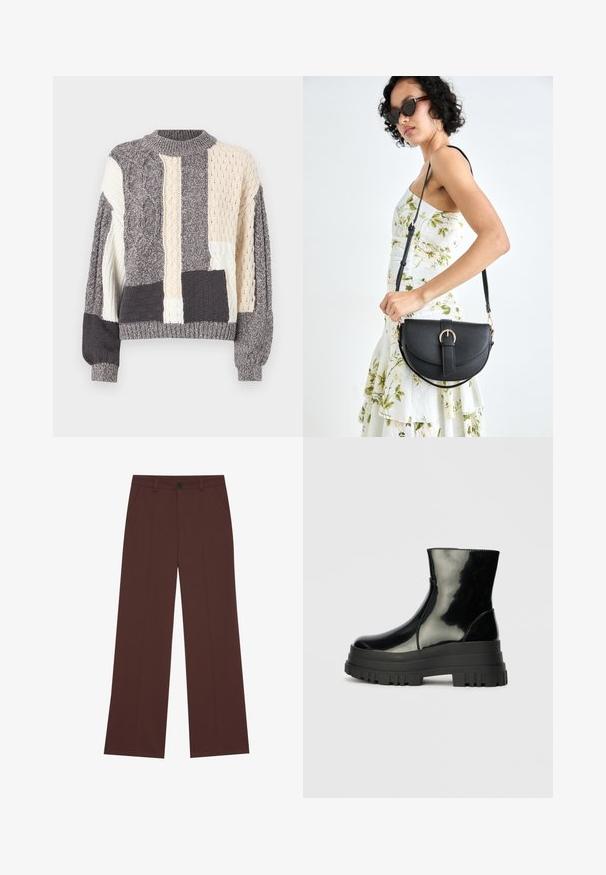 Sivi i kremasti patchwork pulover s različitim teksturama pletenih uzoraka, okruglim izrezom i rebrastim rukavima i rubom.; Široke hlače od bogate smeđe tkanine. Imaju zatvaranje na gumb, dva prednja džepa, glatku teksturu i čiste linije.; Crna sjajna čizma do ankleta s debelim zupčastim potplatom i zaobljenim vrhom, bočni pogled na jednostavnoj svijetlosivoj pozadini.; Crna kožna torba s lukovitim oblikom, odvojivim remenom i zlatnim detaljima. Torba ima preklop s kopčom.