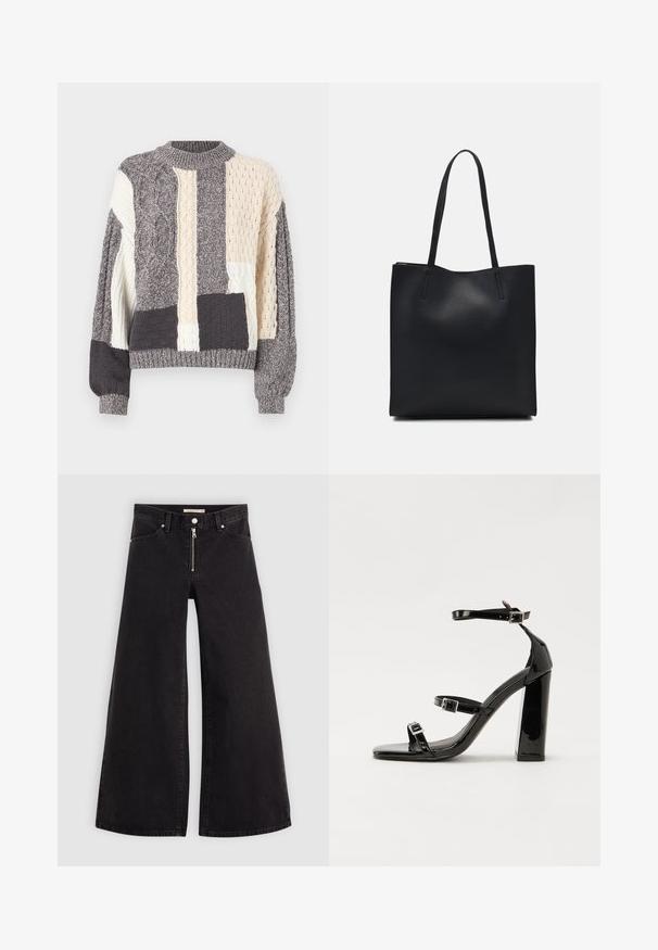 Pull en patchwork gris et crème avec différentes textures en tricot à câble, col rond et bords côtes au niveau des manches et de l'ourlet.; Jean large en denim noir avec une fermeture éclair à l'avant, un design à cinq poches et des détails de couture subtils. Texture lisse et style décontracté.; Sandales à talons vernies noires avec un bout carré, des sangles autour de la cheville et des boucles en argent. Dotées d'un talon bloc épais pour plus de stabilité.; Sac fourre-tout en cuir noir avec une texture lisse, de forme rectangulaire et deux longues poignées. Pas de matériel ou d'ornementations visibles.