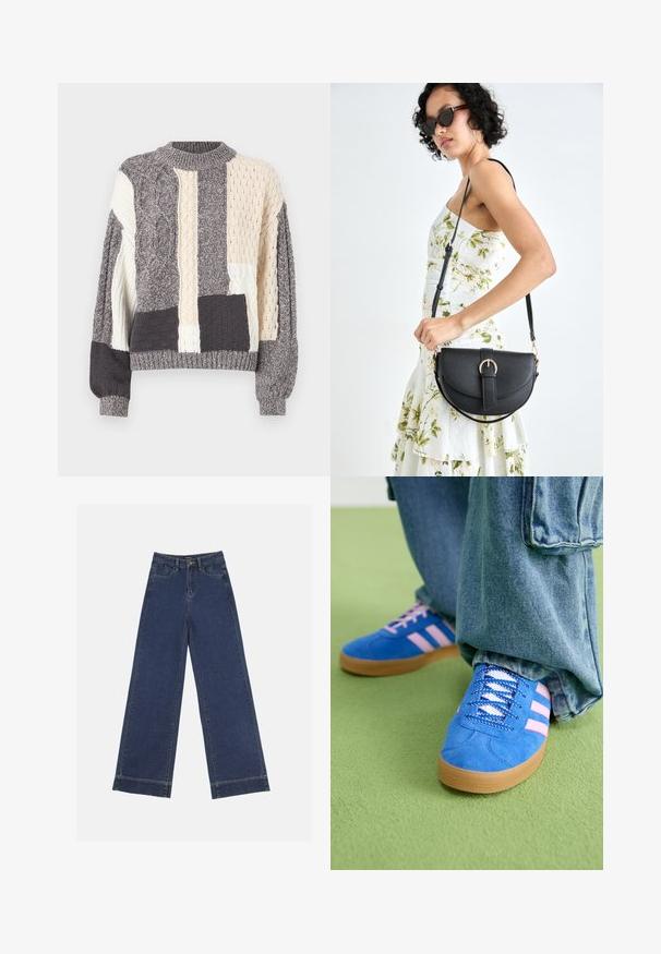 Pull en patchwork gris et crème avec différentes textures en tricot à câble, col rond et bords côtes au niveau des manches et de l'ourlet.; Jeans à jambes larges en denim bleu foncé. Comprend cinq poches, des passants de ceinture et un ourlet brut en bas avec des détails de couture visibles.; Des chaussures en daim bleu avec des rayures roses et des lacets blancs, dotées d'une semelle en caoutchouc gomme, assorties à un pantalon en denim ample sur une surface verte.; Sac à main en cuir noir avec une forme courbée, bandoulière amovible et des accessoires en or. Le sac est doté d'un rabat avec un détail de boucle.