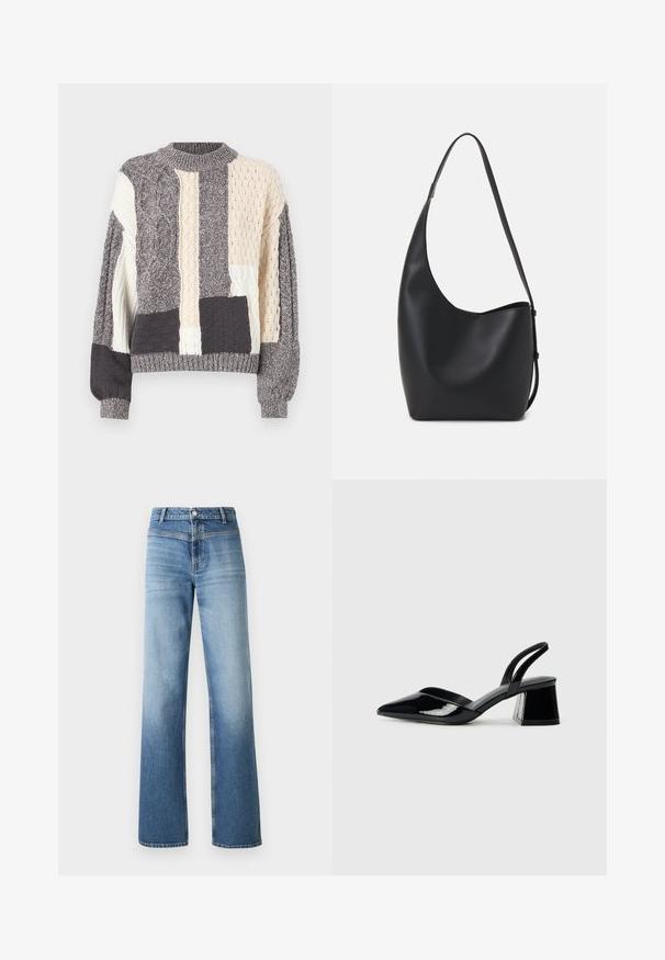 Pilkas ir kremiškai baltas aplikacijos megztinis, turintis įvairias pynimo tekstūras, apvalų kaklą bei kraštus su šonkaulio pynimu.; Šviesiai mėlynos džinsinės kelnės su aukštu liemeniu, tiesiomis kojomis, išblukusiu skalbimu ir klasikinėmis penkiomis kišenėmis. Uždarytos mygtuku.; Juodos lakuotos odinės šlepetės su smailiu pirštu ir geometriniu bloko kulnu. Turi elegantišką, minimalistinį dizainą ir lygų paviršių.; Juodas odinis hobo maišas su lygiu paviršiumi, kreipta forma ir viena reguliuojama rankena; turi platų atidarymą viršuje.