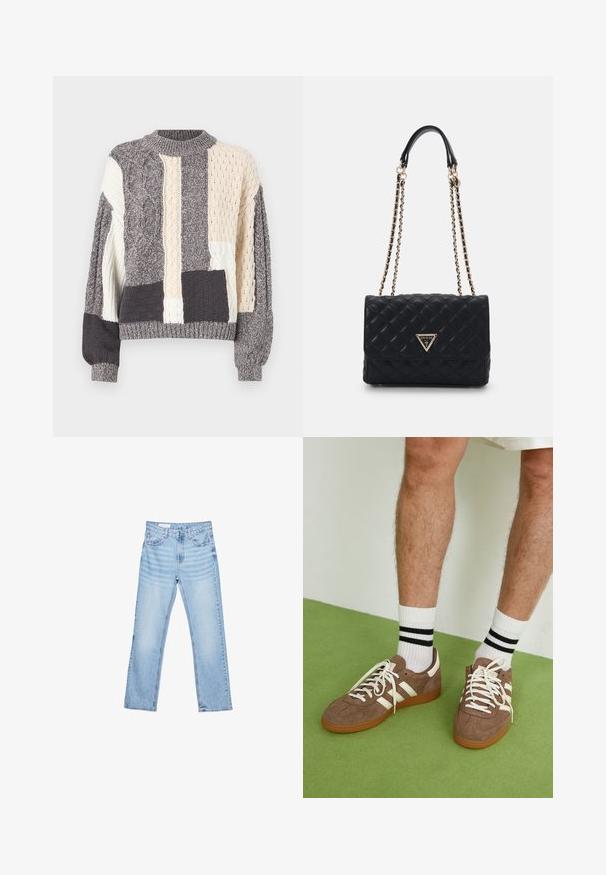Grå og creme patchwork sweater med forskellige kabelstrikkede teksturer, rund hals, og ribbede manchetter og kant.; Lyseblå denimjeans med lige pasform, fem-lomme-design og synlig syning. Mellem-høj talje med klassisk knap- og lynlåslukning.; Brune ruskind sneakers med hvide detaljer og snørebånd. Gummisål i naturgummi. Båret med hvide sokker med sorte striber. Grøn struktureret gulv.; Sort quiltet handtaske med et guld trekantet logo, udstyret med en dobbelt kædestropp og en glat læderoverflade. Rektangulær form med klaplukning.