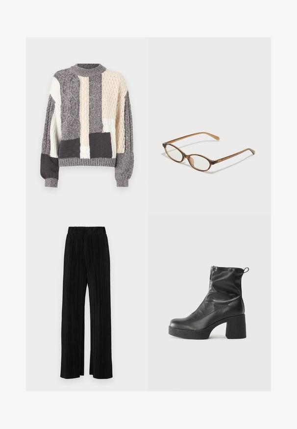 Siv in krem pulover iz patchworka z različnimi teksturami pletenic, okroglo ovratnikom ter rebrastimi manšetami in robom.; Črne plisirane hlače z elastičnim pasom. Imajo široke noge in gladko, teksturirano tkanino z navpičnimi črtami.; Črne gležnjarje iz gladke kože z božnim zadrgo, masivnim teksturiranim peto in zaobljeno obliko prstov.; Rjavo želvovina očala z ovalnimi lečami, tankimi ročaji in prosojnimi detajli. Imajo subtilen logo na templetu. Eleganten, lahek dizajn.