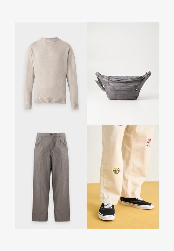 Beez valge kootud kampsun ümmarguse kaelusega, soonikkäte ja -äärega ning pehme tekstuuriga. Omab lõdva lõiget ja pikki varrukaid.; Hallid halli houndstooth-trükk mustriga püksid sirge lõikega, millel on voldid, nööbiga kinnitatav vöökoht ja küljetaskud.; Bežistestased püksid, millel on mängulised tikandid, sealhulgas roosa tegelane ja värvikad plokid, koos mustade nöörkingadega.; Hallikate nahast vöö kott, millel on ümar kuju, kaks tõmblukuga taskut ning reguleeritav rihm. Varustatud metallist detailide aktsentidega.