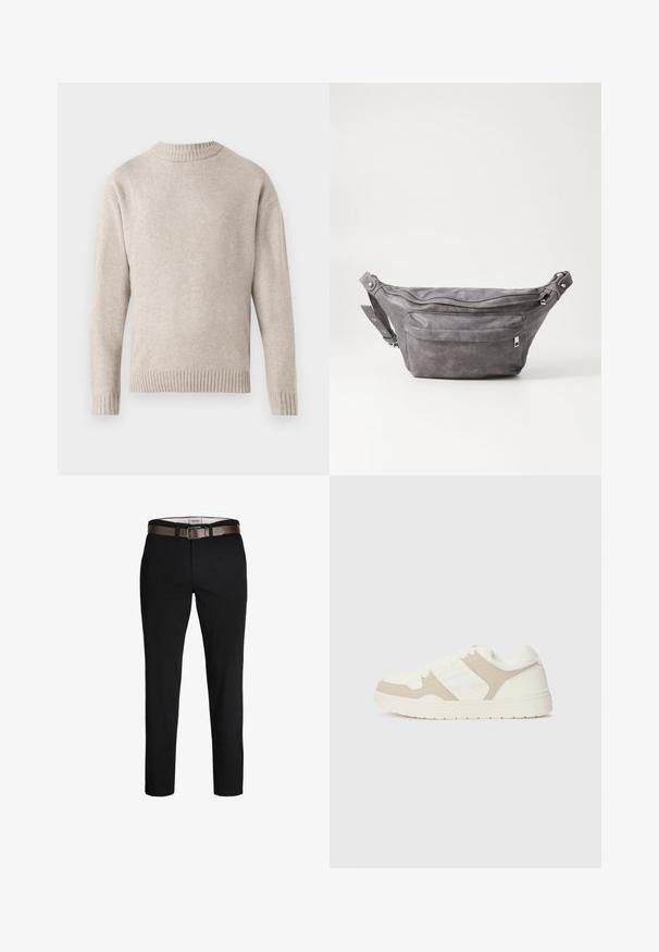 Beige gebreide trui met een ronde halslijn, geribde manchetten en zoom, en een zachte textuur. Heeft een relaxed fit en lange mouwen.; Zwarte katoenbroek met een rechte pasvorm, voorzien van een bruine leren riem en een gladde textuur. Eenvoudig ontwerp, geen zichtbare patronen of accenten.; Witte en beige sneaker met een combinatie van gladde en suède texturen, ronde neus, vetersluiting en een platte rubberen zool.; Grijze suède heuptas met een ronde vorm, twee met rits afgesloten compartimenten en een verstelbare band. Voorzien van metalen accenten.