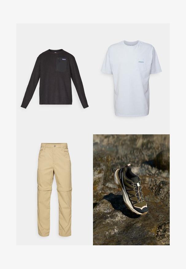 Schwarzes, langärmliges Crewneck-Fleece aus strukturiertem Stoff mit Reißverschlusstasche auf der Brust, das das Patagonia-Logo trägt.; Weißes Baumwoll-T-Shirt mit kurzen Ärmeln, Rundhalsausschnitt und einer linken Brusttasche, die ein blaues "Patagonia"-Logo aufweist. Klassische Passform mit glatter Textur.; Beige Zip-off-Hosen mit glatter Textur, ausgestattet mit zwei Seitentaschen, einer Knopfverschluss und hochrollbaren Säumen für Vielseitigkeit.; Wanderschuh in Olivgrün und Schwarz mit pinken Akzenten. Verfügt über ein strukturiertes Obermaterial, eine flexible Sohle, eine verstärkte Zehenkappe und ein farbenfrohes Schnürsystem.