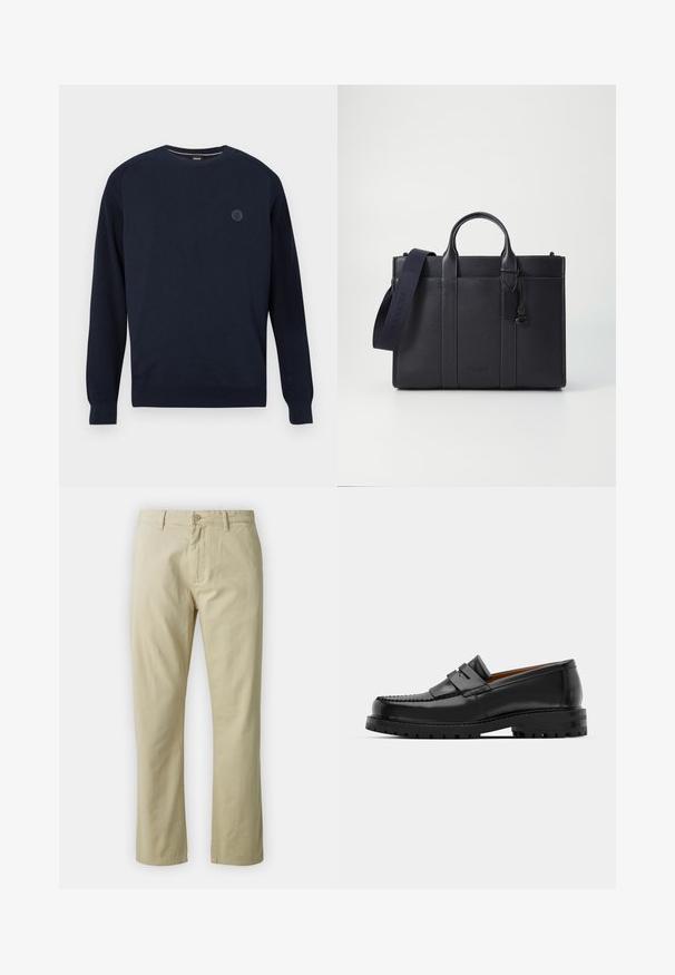 Jūras zila crewneck džemperis, kas izgatavots no adītu audumu, ar ribotiem pieduru un apakšmala. Apļa logo atrodas uz krūšu daļas.; Beidzīgo kokvilnas bikses ar taisnu kāju piegriezumu, priekšējo pogu aizdari un jostas cilpām. Gluda tekstūra, nav redzamu rakstu vai akcentu.; Melni ādas loafers cepumi izceļas ar paceltu šuvu, divām dekoratīvām siksnām augšpusē un biezu teksturētu zoli labākai saķerei.; Tumši jūras zila ādas portfelis ar divām augšējām rokturiem un noņemamu siksnu. Ar teksturētu apdari, vertikālām šuvēm un logo detaļu.