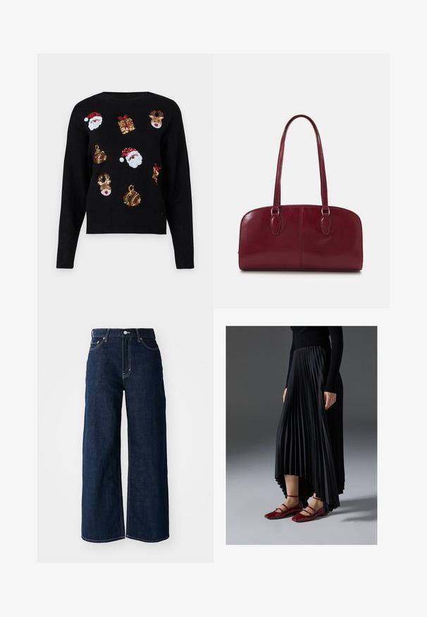 Fekete pulóver hosszú ujjakkal, ünnepi mintákkal: Mikulásfejek, ajándékdobozok és díszek piros, zöld, arany és fehér flitterekkel.; Széles szárú, sötétkék farmernadrág kontrasztos varrással, öt zsebes kialakítással és gombos derékzárral.; Fekete redős szoknya, magas- és alacsony szegéllyel, fényes piros lapos cipőkkel párosítva, amelyek pántos dizájnnal rendelkeznek. Az anyaga sima tapintású.; Zign LEATHER - Kézitáska - dark red