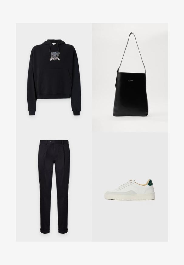 Hanorac negru cu buzunar frontal, manșete și tiv cu deschidere vrac. Are un design brodat cu un emblema și textul "Dragoste & Justiție" pe piept.; Pantaloni negri din stofă netedă, croiți pe măsură, cu față plată, două pliuri frontale și tivuri cunosute pentru un aspect curat și structurat.; Sneaker alb cu accente din suede, vârf rotund, șireturi plate și o talpă din cauciuc crem. Are un logo verde pe călcâie.; Geantă de umăr din piele neagră, cu o textură netedă, formă rectangulară și o curea lungă; prezintă un mic logo alb în centrul ei.