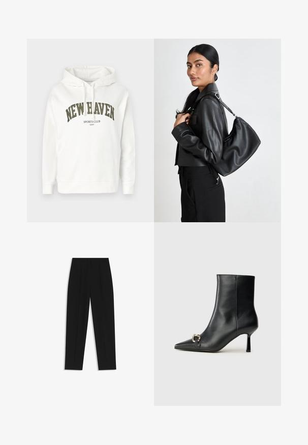 Haut à capuche blanc avec cordons, affichant "NEW HAVEN" et "SPORTS CLUB" imprimés en vert foncé. Tissu en coton doux, coupe décontractée.; Pantalon noir à coupe droite, avec des plis doubles, une texture lisse et un design de taille classique. Pas de matériel ou d'accents visibles.; Bottine en cuir noir avec un bout pointu, un talon moyen fin et un détail de boucle en argent sur le côté, se détachant sur un fond uni.; Sac à épaule en cuir noir avec une texture lisse, doté d'une fermeture éclair en argent, d'une bandoulière réglable et d'une forme arrondie.