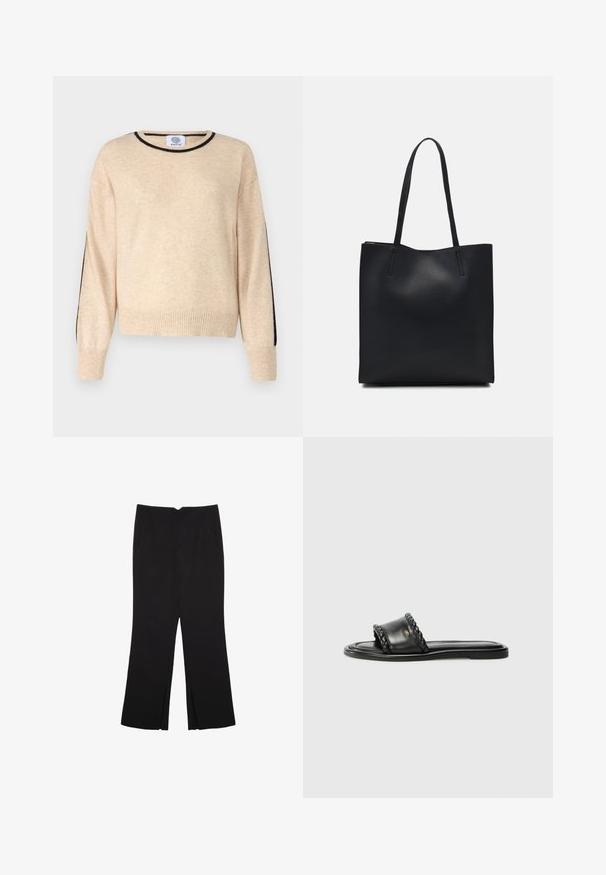Beige neulepaita pyöreällä kaula-aukolla, ribbaillut hihat ja helma. Mustat yksityiskohdat hihoissa tuovat kontrastia pehmeään materiaaliin.; Mustat housut suoralinjaisella leikkauksella, joissa on etutaskut ja sivurei'ät helman alla. Valmistettu pehmeästä ja sileästä kankaasta. Sopii eri tilaisuuksiin.; Mustahiilikos sliparite nahast sandaal, millel on punutud rihmad, lame tald ja stiilne disain. Sile tekstuur ja minimalistlik profiil.; Mustapahkainen kangaskassi, jossa on sileä pinta, suorakaiteen muotoinen ja kaksi pitkää kahvaa. Ei näkyvää metalliosaa tai koristeita.