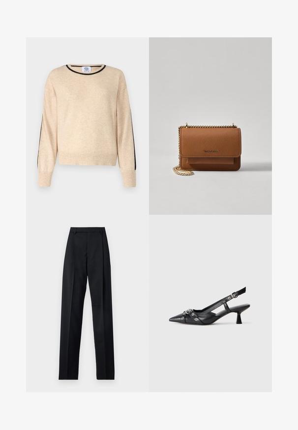 Bežna pletena jopica z okroglo ovratnikom, rebrastimi manžetami in robom. Črne akcenti ob rokavih dodajajo kontrast mehki teksturi.; Črne hlače iz gladkega materiala, ki imajo visok pas, široke noge, sprednje nabore in klasične zanke za pas. Nevidni stranski žepi.; Črne usnjene sandale središnje zaponke z ostro konico, okrasnimi trakovi z kovinskimi očesi in nizko blokasto peto. Teksturirana površina.; Rjava teksturirana usnjena torba čez ramo z zlatim verižnim trakom in zapiranjem na pokrov. Spredaj je vidna podrobnost logotipa in žep pod pokrovom.