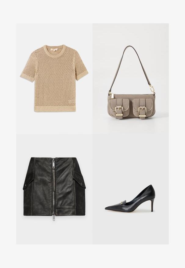 Beige knitted short-sleeve sweater with open mesh design, round neckline, and ribbed hem. Lightweight texture suitable for warmer weather.; Black leather mini skirt with a front zipper, two side pockets, and a smooth texture. Features reinforced seams and a structured design.; Black leather pump with a pointed toe, low-cut vamp, and a decorative gold accent. Features a stiletto heel and smooth texture.; Beige textured handbag with adjustable strap, two front pockets secured by buckles, and gold hardware accents. Zipper closure at the top.
