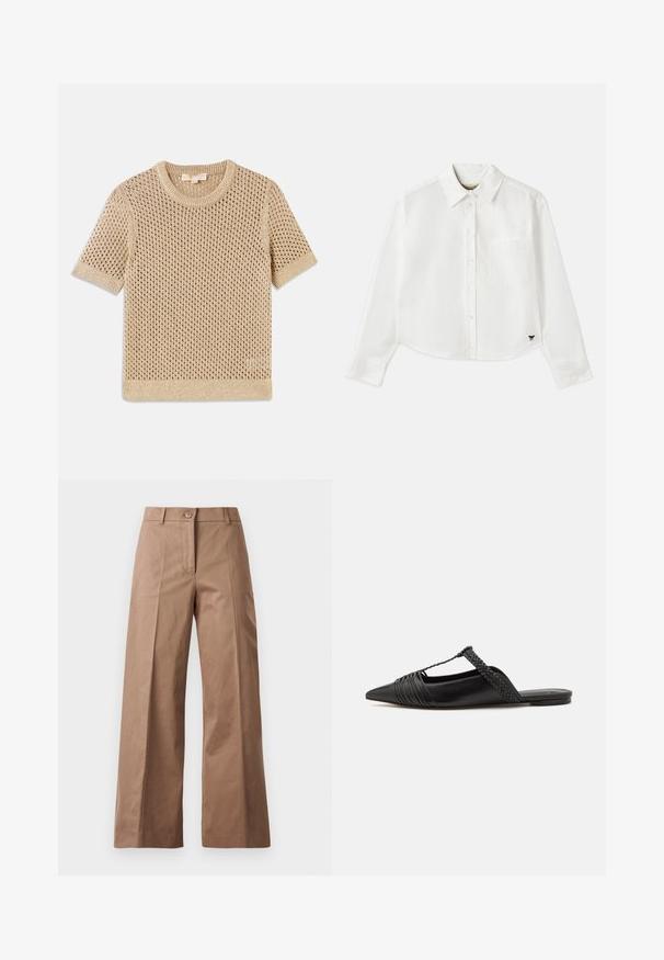 Maglione beige a maniche corte lavorato a maglia con design a rete aperta, scollo tondo e orlo a coste. Texture leggera adatta per il clima più caldo.; Camicia bianca a maniche lunghe e taglio corto in cotone. Presenta una chiusura con bottoni sul davanti, una tasca sul petto e un piccolo logo nero in basso a sinistra.; Pantaloni larghi marroni realizzati in un tessuto morbido, con chiusura frontale con bottone, due tasche anteriori e linee pulite e sartoriali.; Scarpa slingback in pelle nera con punta appuntita, con un dettaglio intrecciato e un design superiore plissettato. Suola piatta con hardware minimale.