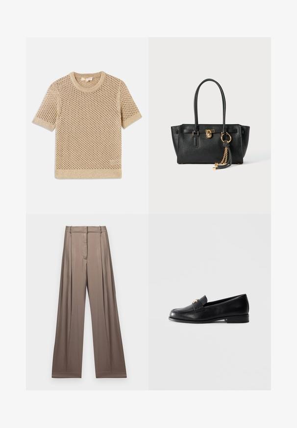 Jersey de punto beige de manga corta con diseño de malla abierta, escote redondo y dobladillo acanalado. Textura ligera adecuada para climas cálidos.; Camiseta corta blanca de algodón, con mangas cortas y el logotipo "MICHAEL KORS" bordado en texto a juego en el pecho.; Pantalones de pierna ancha en un color topo suave, fabricados en un tejido liso con un acabado satinado. Presentan una cintura ajustada y pliegues sutiles.; Mocasín de cuero negro con tacón bajo y emblema decorativo dorado en la correa, exhibido sobre un fondo gris claro liso.; Bolso de cuero negro con doble asa, cierre dorado y detalles en cadena, y accesorio de borlas en blanco y negro, sobre fondo blanco.