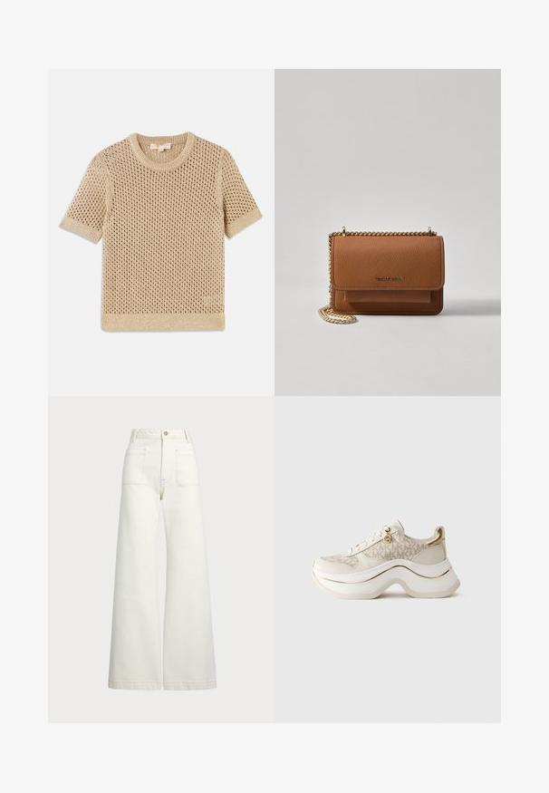 Beige pletený svetr s krátkým rukávem, otevřeným síťovým designem, kulatým výstřihem a vroubkovaným lemem. Lehká textura vhodná pro teplejší počasí.; Džíny s širokými nohavicemi v off-white denim. Vysoký pas s knoflíkovým zapínáním, dvě přední kapsy a detaily kontrastního šití.; Béžové a zlaté platformové tenisky s vzorem "MK", šněrováním na přední straně, zlatým přívěskem a silnou vlnitou podrážkou na jednobarevném pozadí.; Hnědá texturovaná kožená kabelka přes rameno se zlatým řetízkovým popruhem a klopnovým uzavíráním. Přední strana obsahuje detail loga a kapsu pod klopou.