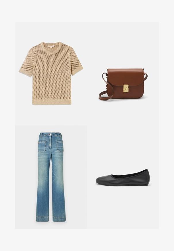 Beige gestrickter Pullover mit kurzen Ärmeln und offenem Netzdesign, rundem Halsausschnitt und geripptem Saum. Leichte Textur, die sich gut für wärmeres Wetter eignet.; Helle blaue, ausgestellt geschnittene Jeans aus Denim mit fünf Taschen, Gürtelschlaufen, Knopfverschluss und einer leicht verblassten Textur, die ein rotes Logodetail auf der Rückseite aufweist.; Schwarze Leder-Ballettschuhe mit abgerundeter Spitze, glatter Textur, minimalen Nähdetails und einem flexiblen Sohlen-Design.; Braune Ledertasche mit Klappenverschluss, Beschlägen in Goldfarbe, einem Schultergurt und einer glatten Oberfläche. Kompakte rechteckige Form.