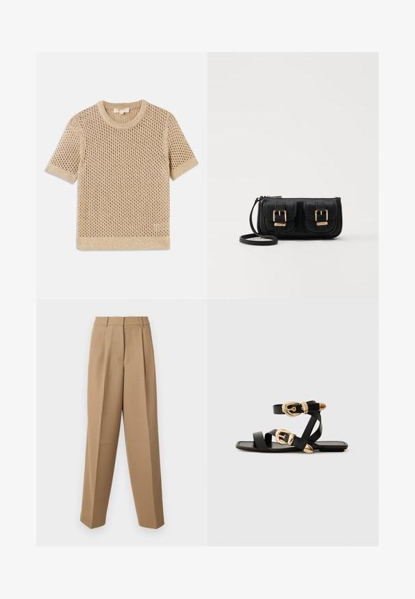 Beige, kötött rövid ujjú pulóver nyitott hálós kialakítással, kerek nyakkivágással és bordás szegéllyel. Könnyű anyag, amely alkalmas melegebb időjárásra.; Beige színű, magas derekú, plissézett elejű és széles szárú, testre szabott nadrág. Az anyag sima tapintású, enyhe fénylő hatással.; Fekete bőr szandál arany csattal, több hevederrel és lapos talpú dizájnnal, nyitott lábujjú viselethez.; Fekete bőr keresztbody táska két elülső zsebbel, arany csattokkal, cipzáras záródással és vékony pánttal. Textúrált felület és kompakt téglalap alak.
