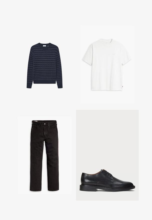 Tamnoplavi pleteni pulover s teksturiranim uzorkom naizmjeničnih horizontalnih pruga. Riblji rubovi i izrez, izrađen od mekog materijala.; Bijela pamučna majica kratkih rukava, s okruglim izrezom i suptilnim "Levi's" logotipom u svijetloj boji na prednjoj strani.; Crne traperice ravnog kroja s pet džepova, kopčom na dugme i petljama za pojas, položene ravno na bijeloj pozadini.; Crne kožne cipele s okruglim vrhom, vezanjem i niskim stogom. Glatka tekstura s minimalnim šavovima.