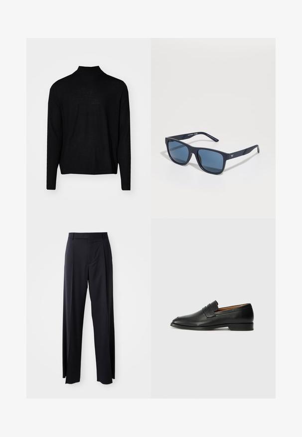 Black long-sleeve sweater with a high neck. Made of soft, smooth fabric. Simple design, no patterns, features a straight cut hem.; Black, high-waisted trousers with a wide-leg cut, made of smooth fabric. Features front pleats and belt loops. Minimalistic design, no visible hardware.; Black leather loafer with a rounded toe, subtle stitched detailing, and a low heel, featuring a smooth texture and minimalist design.; Blue rectangular sunglasses with dark lenses, matte navy frame, logo detail on the temple, straight arms, and a solid, smooth texture.