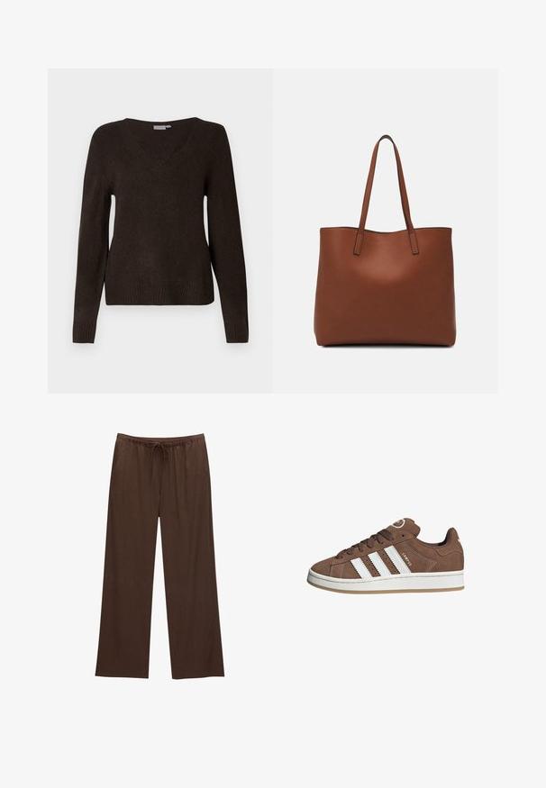 Tummanruskea pitkähihaisella V-puolella varustettu neule, jossa on ribbireunat hihoissa ja helmassa. Esillä yksinkertaisella valkoisella taustalla.; Ruske leve široke hlače izdelane iz mehkega materiala, z elastičnim pasom in vrvico ter dvema stranskima žepoma.; Valkoiset nahkareunat ja ruskeat samettikankaiset tennarit, joissa on kumipohja, pyöreä kärki ja nauhakiinnitys edessä. Kengissä on logo kielekkeessä ja rei'itettyjä yksityiskohtia.; Ruskea nahkainen olkalaukku, jossa on sileä pinta, avoin yläosa ja kaksi olkahihnaa. Omaavat vain minimaalisen ompelun eikä näkyvää metalliosaa.