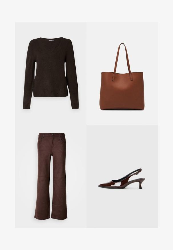 Sweater de malha castanho escuro com decote em V e mangas compridas, com punhos e barra canelados, apresentado sobre um fundo branco liso.; Calças castanhas em um tecido suave semelhante a camurça. Apresenta quatro bolsos, um fecho de botão e uma superfície lisa e texturizada.; Sapato slingback em pele sintética castanha com bico pontiagudo e salto moderado. Apresenta uma fivela para um ajuste seguro. Textura suave.; Bolsa tote de couro castanho com uma textura suave, design de abertura superior e duas alças para o ombro. Apresenta costura mínima e sem hardware visível.