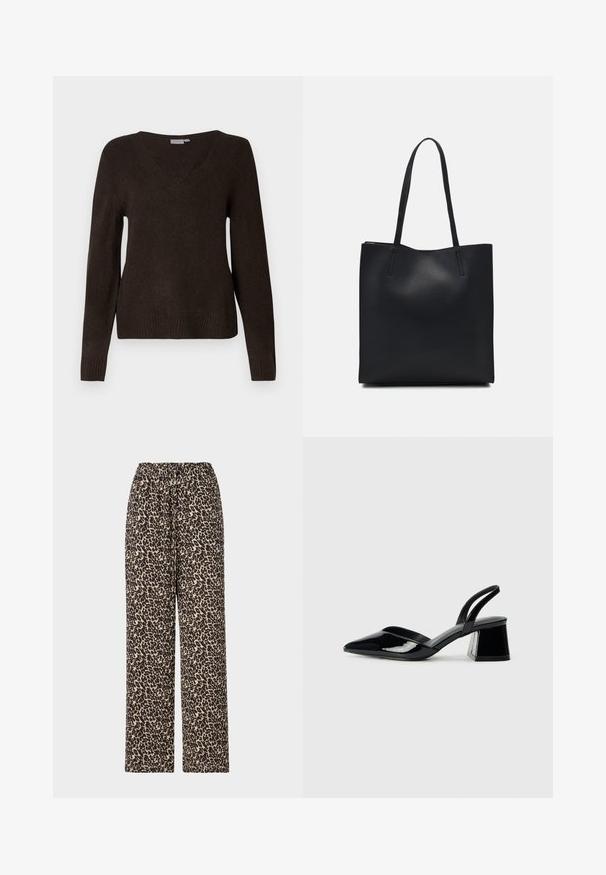 Pulover s dolgimi rokavi, temno rjav V-izrezom, pleten s ribastimi manšetami in robom, prikazan na enobarvni beli podlagi.; Hlače z leopardjim vzorcem imajo črno-bež motiv, elastičen pas in ravno krojno zasnovo. Narejene so iz mehke, lahke tkanine.; Črne lakirane slingback pete s koničastim nosom in geometrijsko blokasto peto. Imajo eleganten, minimalističen dizajn in gladko teksturo.; Črna usnjena torba s svilnato teksturo, pravokotne oblike in dvema dolgima ročajema. Brez vidnih metalnih delov ali okrasnih elementov.