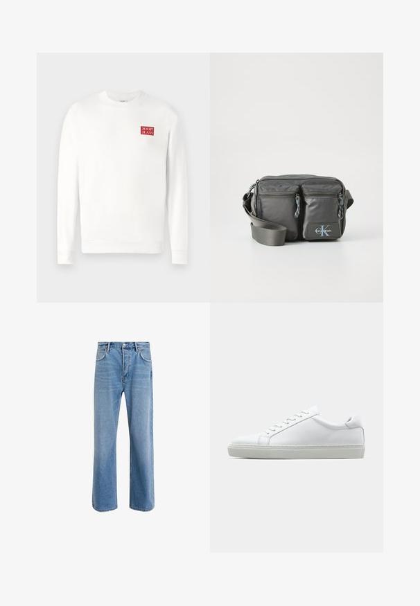 Valkoinen collegepaita pitkähihainen, pyöreä kaula-aukko, jossa pieni punainen neliönmuotoinen logo, jossa lukee valkoisella tekstillä "JOOP! JEANS". Sileä pinta.; Vaaleansiniset farkut suoranlahkeisella muotoilulla, viisi taskua, nappisuljenta, vähäinen kuluminen ja kontrastiväriset ompeluyksityiskohdat.; Valkoinen tennari, jossa on sileä nahkapäällinen ja matala profiili. Ominaisuuksiin kuuluu pyöreä kärki, kuusi rei'itystä ja teksturoitu kumipohja.; Harmazin väri nylonista valmistettu ristikassina, jossa on kaksi vetoketjullista etutaskua, säädettävä hihna ja logoakseli. Sileä rakenne ja moderni muotoilu.