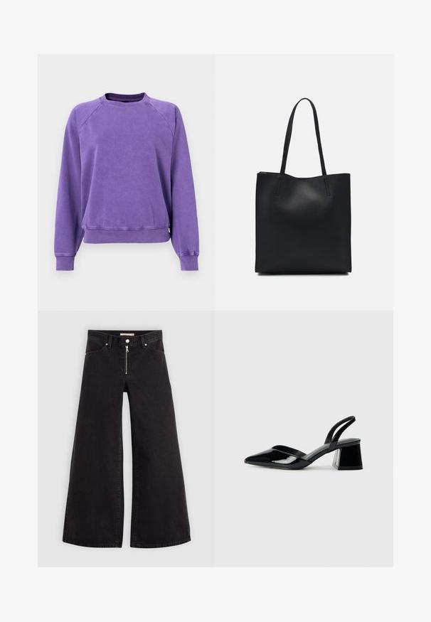 GAP NEW CREW - Melegítőfelső - ultraviolet wave; Fekete denim széles szárú farmer, cipzáros elejével, öt zsebes kialakítással és diszkrét varrással. Sima textúra és laza stílus.; Fekete lakk bőr szandálkés magas sarkú cipő, hegyes orral és geometrikus tömbsarkakkal. Karcsú, minimalista dizájn és sima textúra jellemzi.; Fekete bőrtáska sima felszínnel, téglalap alakú, két hosszú füllel. Nincs látható fémkiegészítő vagy díszítés.