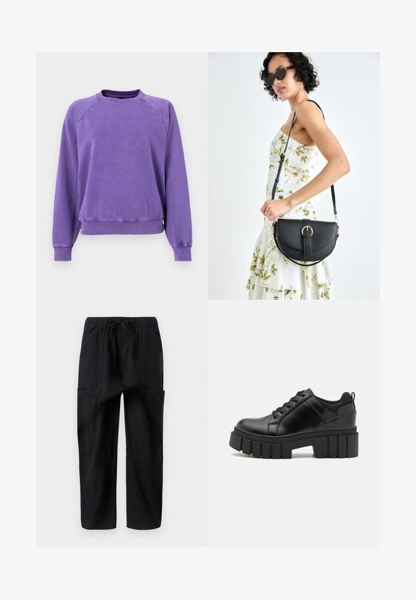 GAP NEW CREW - Camisola - ultraviolet wave; Calças cargo de algodão pretas com um corte solto, apresentando uma cintura elástica e vários bolsos laterais para uma maior utilidade.; Sapatos de plataforma em couro preto com um salto bloco robusto, bico redondo e design clássico de atacadores. Apresentam uma textura suave e detalhes mínimos.; Bolsa de couro preta com forma curva, alça destacável e detalhes em dourado. A bolsa possui uma aba com detalhe de fivela.