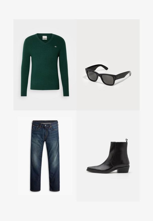 Dunkelgrüner V-Ausschnitt-Pullover aus weichem Material. Figurbetonter Schnitt mit langen Ärmeln und einem kleinen bestickten Logo auf der Brust.; Dunkelblaue Jeans aus Denim mit leichtem Verblassen an den Oberschenkeln, Fünf-Taschen-Design, Knopfverschluss und sichtbaren orangen Nähten auf weißem Hintergrund.; Zign LEATHER - Cowboy-/Bikerstiefelette - black; Schwarze Sonnenbrille mit quadratischem Rahmen, ausgestattet mit dunklen Gläsern. Akzentuiert mit kleinen goldfarbenen Punkten und einem goldenen Logo an den Bügeln. Weiße Oberfläche.