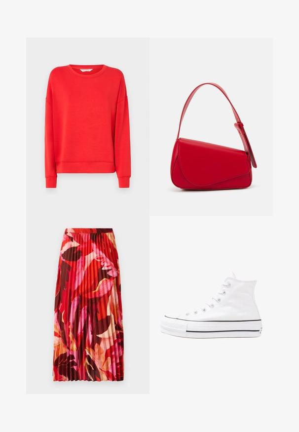 Sarkans džemperis, izgatavots no mīksta auduma, ar aplokšņu kaklu, nolaižamām plecu šuvēm un ribotiem piedurkņu galiem. Vienkāršs dizains bez rakstiem vai rotājumiem.; Ziedu blūze ar garām pūkām, gaiši krēmveida pamatne, ar purpursarkanām, oranžām un zaļām ziedu rakstiem, kā arī klasisko apkakles dizainu.; Izplešanās maksi svārki ar dzīvīgu sarkanu, rozā un brūnu ziedu rakstu. Elastīgs josta un gluda tekstūra uzlabo komfortu un stilu.; Balti augstie kanvas sporta apavi ar melnu gumijas zoli, priekšējo gumijas purngalu un sešām acīm lencēm, kuriem ir tīrs, minimālistisks dizains.; Sarkans ādas rokassomi ar stūrainu, ģeometrisku dizainu. Iekļauj vienu regulējamu siksnu un vāku ar izšūtu detaļu.