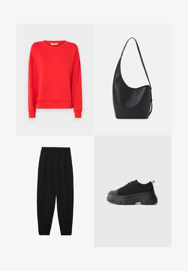 Sweatshirt vermelho feito de tecido macio, com decote redondo, ombros caídos e punhos canelados. Design simples, sem padrões ou enfeites.; Calças pretas, leves, com um cinto elástico e punhos franzidos. O tecido é suave e apresenta um design relaxado e afunilado.; Sneakers pretos com sola de borracha robusta, parte superior de tecido texturizado, bico redondo e design de atacadores. Apresenta ilhós reforçados e uma alça na parte posterior.; Saco hobo preto em pele com uma textura lisa, forma curva e uma única alça ajustável; apresenta uma abertura larga na parte de cima.