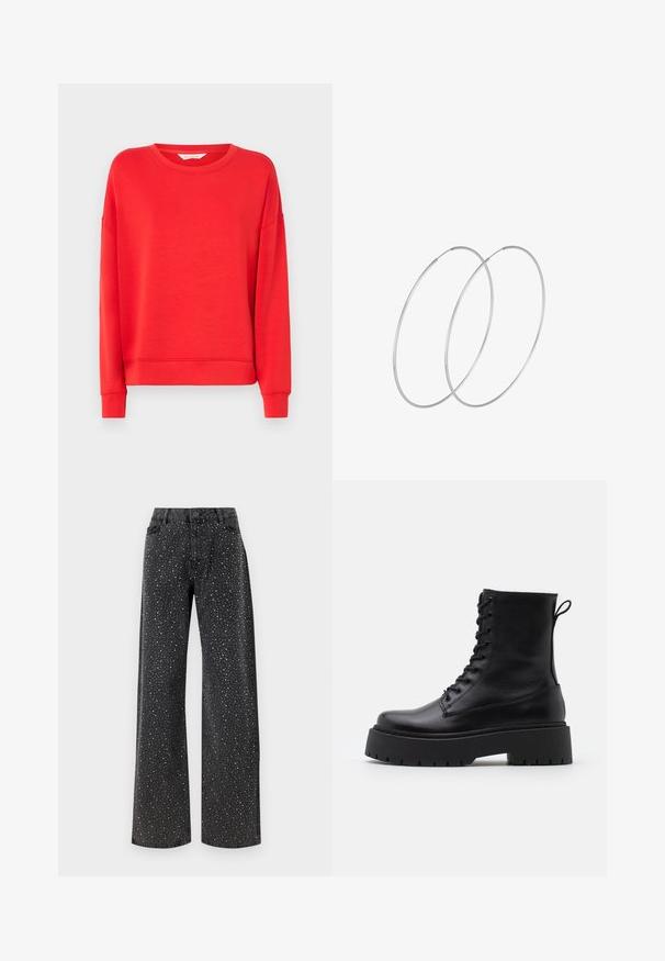 Felpa rossa realizzata in tessuto morbido, dotata di colletto rotondo, spalle scese e polsini a costine. Design semplice senza motivi né decorazioni.; Noisy May NMJANNEL LOOSE - Jeans baggy - black denim; Stivaletti in pelle nera alla caviglia con punta rotonda, lace-up frontale e suola in gomma spessa con battistrada textured. Tassello sul retro.; Orecchini a cerchio in argento con un design minimalista. Forma circolare, superficie liscia e profilo sottile. Leggeri con una finitura lucida.