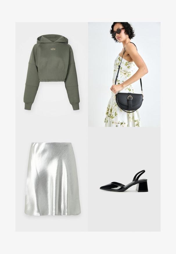 Alpha Industries WAISTED HOODY - Džemperis su gobtuvu - dark olive; Sidabrinės metalinės spalvos mini sijonas su sklandžia tekstūra ir švelniu blizgesiu. Turi platėjančio dizaino formą ir paprastą, tvarkingą apatinės dalies kirpimą.; Juodos lakuotos odinės šlepetės su smailiu pirštu ir geometriniu bloko kulnu. Turi elegantišką, minimalistinį dizainą ir lygų paviršių.; Juodas odinis krepšys su išlenkta forma, nuimamu dirželiu ir auksiniais detalėmis. Krepšys turi kilpą su sagtimi.