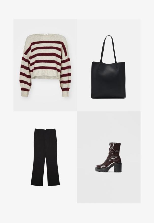 Krémový a burgundský pruhovaný zkrácený svetr se širokým výstřihem, spadlými rameny a žebrovanými manžetami. Vyroben z měkké pleteniny.; Černé kalhoty s rovným střihem, s předními kapsami a bočními rozparky na lemu. Vyrobené z jemné, hladké tkaniny. Vhodné na různé příležitosti.; Lesklá bordó kotníková bota s masivním černým podpatkem, se hladkým povrchem a jednoduchým designem. Žádné viditelné zapínání ani vzory.; Černá kožená taška přes rameno s hladkým povrchem, obdélníkovým tvarem a dvěma dlouhými uchy. Žádné viditelné kování ani ozdoby.