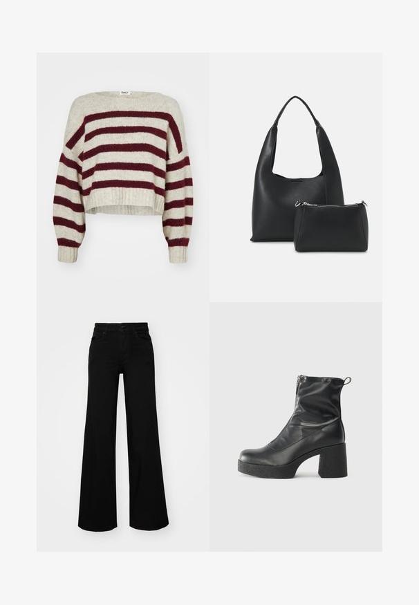 Krém és bordó csíkos, rövidített fazonú pulóver, széles nyakkivágással, ejtett vállakkal és bordázott mandzsettákkal. Puha kötött anyagból készült.; Fekete, bő szárú farmernadrág, amelynek állítható derékrésze van, övhurkokkal és elülső zsebekkel. Simaság jellemzi, klasszikus dizájnnal.; Fekete bokacsizmák sima bőrből, oldalsó cipzárral, vastag, texturált sarkú és lekerekített orrú dizájnnal.; Even&Odd Kézitáska - black
