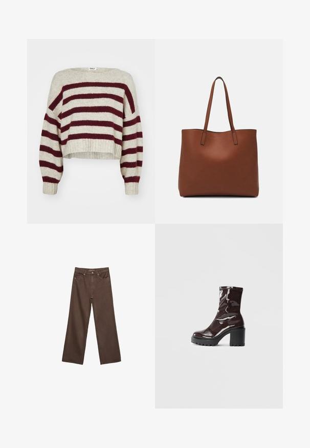 Kerman ja burgundy-ribaga lühikeste varrukatega sviiter, millel on lai kaelus, langenud õlad ja soonikkoes mansetid. Valmistatud pehmest kudumist.; Leviittävät ruskeat farkut, jotka on valmistettu denimistä, korkea vyötärö, etutaskut ja klassinen nappikiinnitys. Silkkinen pinta hienovaraisella ompelutyöllä.; Satea bordeaux berwarna mengkilap dengan tumit hitam tebal, menampilkan tekstur halus dan desain sederhana. Tanpa pengikat atau pola yang terlihat.; Ruskea nahkainen olkalaukku, jossa on sileä pinta, avoin yläosa ja kaksi olkahihnaa. Omaavat vain minimaalisen ompelun eikä näkyvää metalliosaa.