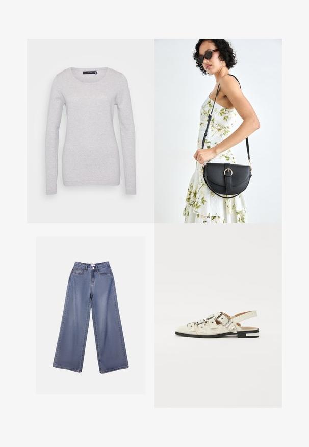 Svetlo šedý dlhý sveter s dlhým rukávom, vyrobený z texturovanej pleteniny, s okrúhlym výstrihom a rebrovanými manžetami. Jednoduchý, bez ozdôb.; Džínsy s širokými nohavicami v svetlomodrom umývaní, s vysokým pásom, prednými vreckami a zapínaním na gombík s pútkami na opasok.; Sandalové topánky so zapínaním vzadu z bielej kože s viacerými širokými popruhmi a striebornými prackami; plochá podrážka s malým čiernym podpätkom a metalickými akcentmi.; Čierna kožená kabelka s zaobleným tvarom, odnímateľným popruhom a zlatými doplnkami. Kabelka má klopu s detailom s prackou.