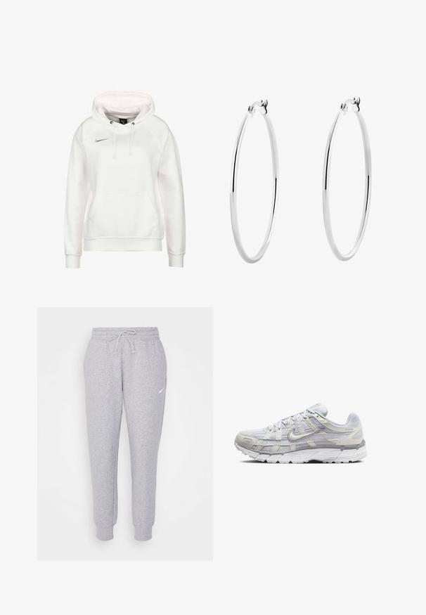 Biała bluza Nike z kapturem, z kieszenią typu kangur na przodzie, regulowanymi sznurkami i małym srebrnym logo na piersi. Miękka tkanina i ściągacze przy rękawach.; Jasnoszare dresy z regulowanym pasem, zwężanymi nogawkami i małym białym logo na lewej udzie. Wykonane z miękkiego, teksturowanego materiału.; Jasnoszare buty sportowe z siateczkowym i syntetycznym wierzchem, wyposażone w sznurowanie, wyściełany kołnierz oraz teksturowaną podeszwę zapewniającą przyczepność.; Srebrne kolczyki w formie obręczy z gładką, polerowaną powierzchnią i cienkim, okrągłym kształtem. Wzór posiada pewne zapięcie.